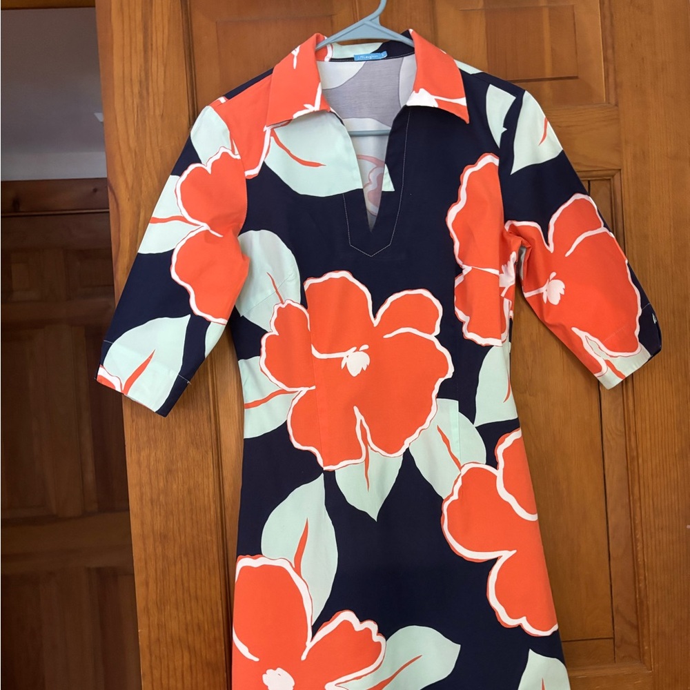 J McLaughlin Catalina Sheath Dress Navy with Orange Poppies & Aqua Leaves   NWOT